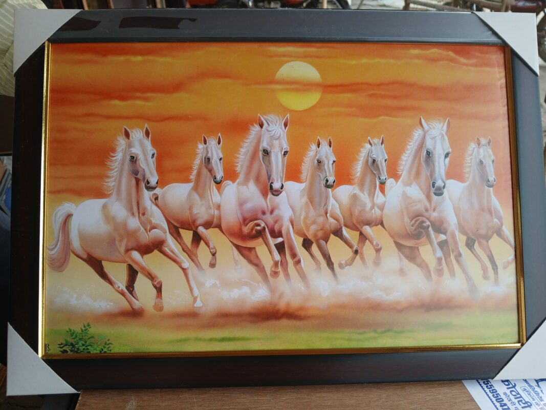7 White Horses Running at Sunrise