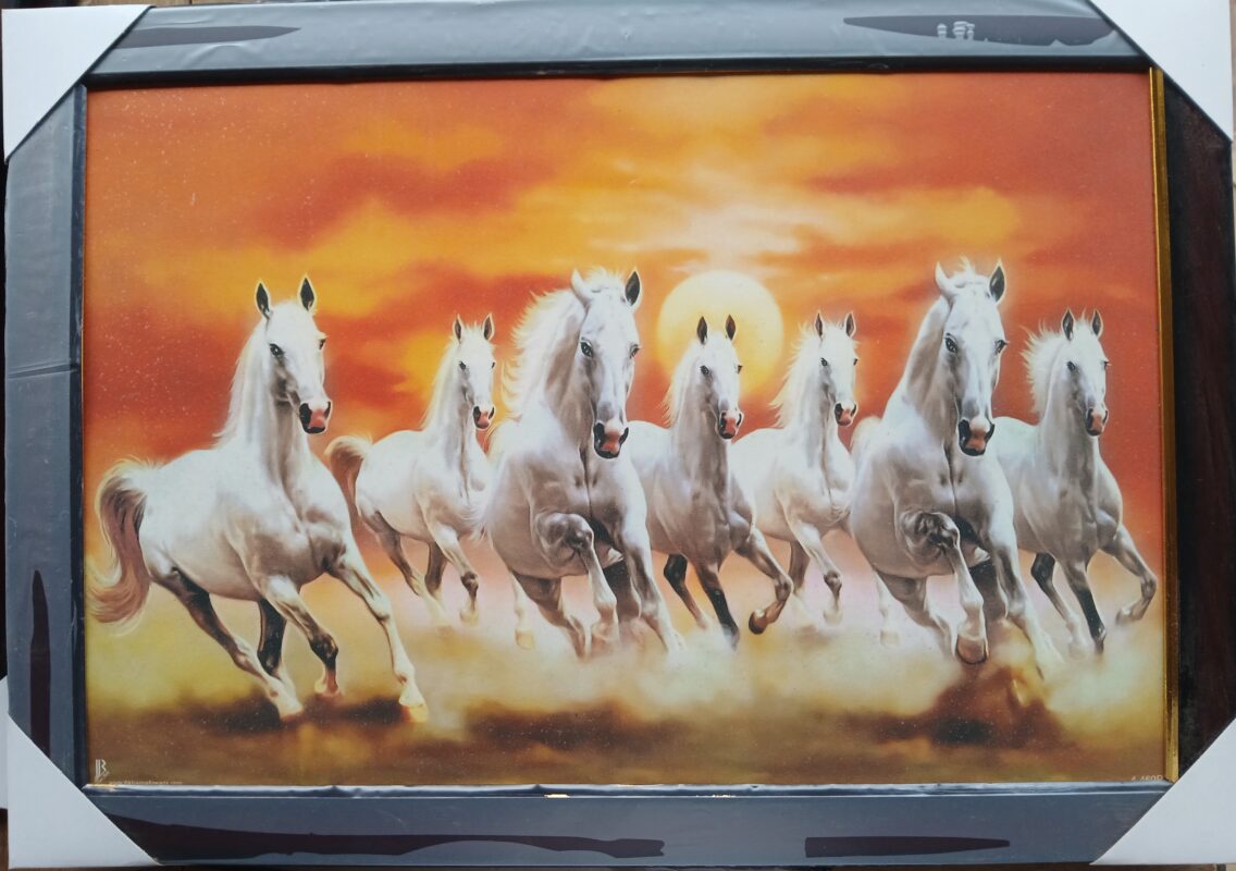 7 White Horses Running at Sunrise